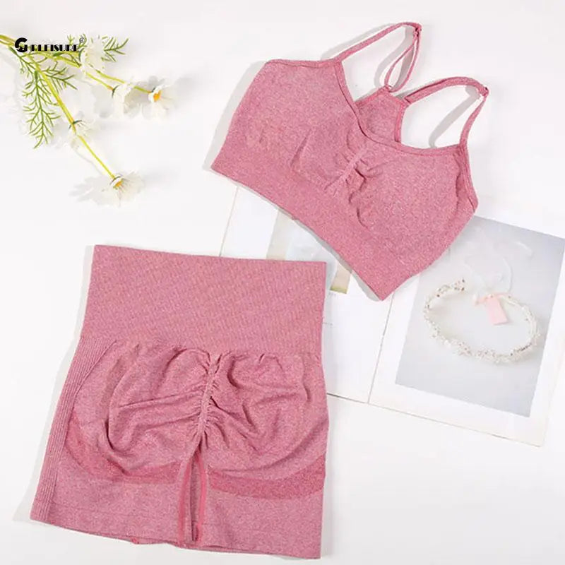 Seamless Sports Set Women'S 2PCS Yoga Suit Fitness Bra with Cycling Shorts Gym Elastic Workout Outfit Activewear