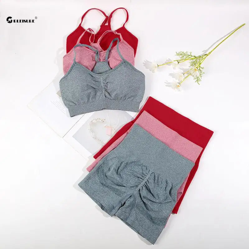 Seamless Sports Set Women'S 2PCS Yoga Suit Fitness Bra with Cycling Shorts Gym Elastic Workout Outfit Activewear