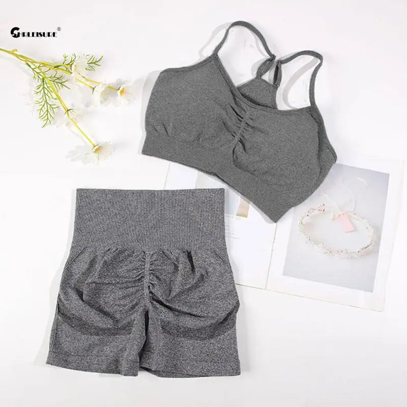 Seamless Sports Set Women'S 2PCS Yoga Suit Fitness Bra with Cycling Shorts Gym Elastic Workout Outfit Activewear