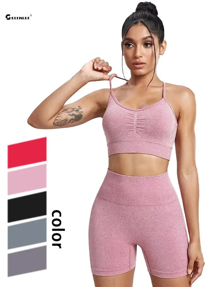 Seamless Sports Set Women'S 2PCS Yoga Suit Fitness Bra with Cycling Shorts Gym Elastic Workout Outfit Activewear