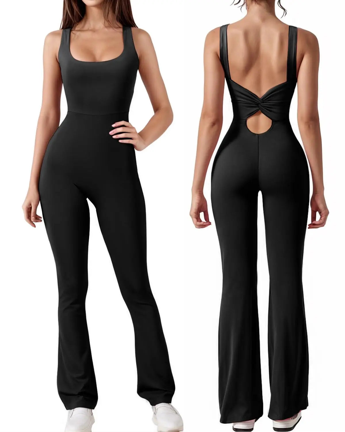 Womens Workout Flare Jumpsuit Backless Yoga Romper Scrunch Butt One Piece Bodysuit Leggings Open Back Gym Bodycorn